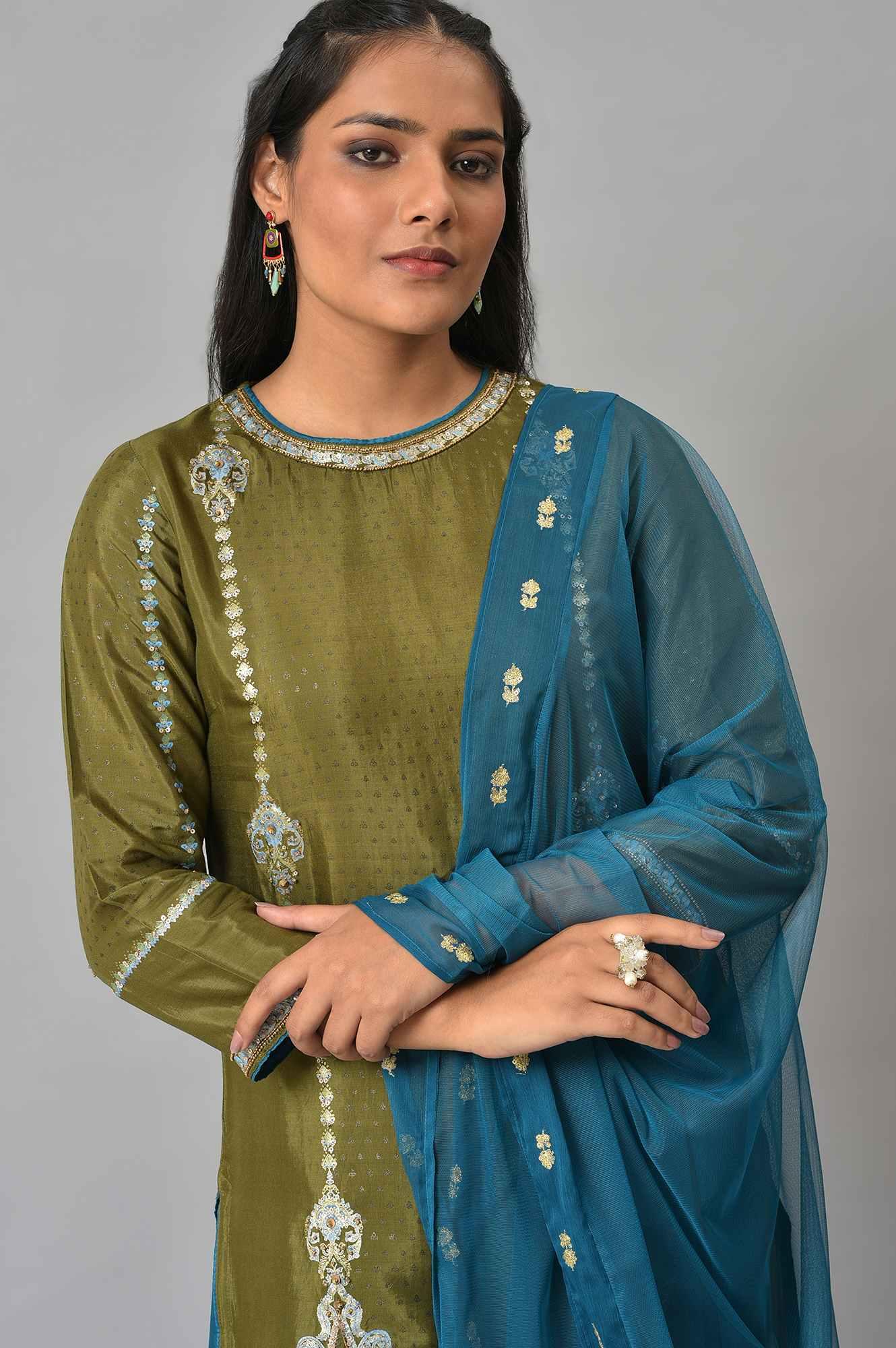 Olive Green Embroidered kurta With Teal Flared Pants And Dupatta - wforwoman
