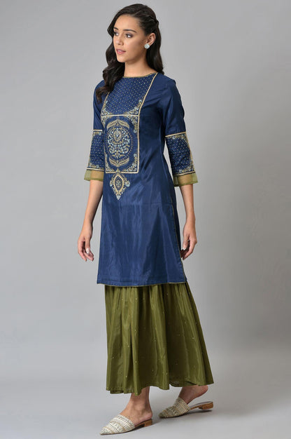 Royal Blue Embroidered kurta With Olive Green Sharara And Dupatta - wforwoman