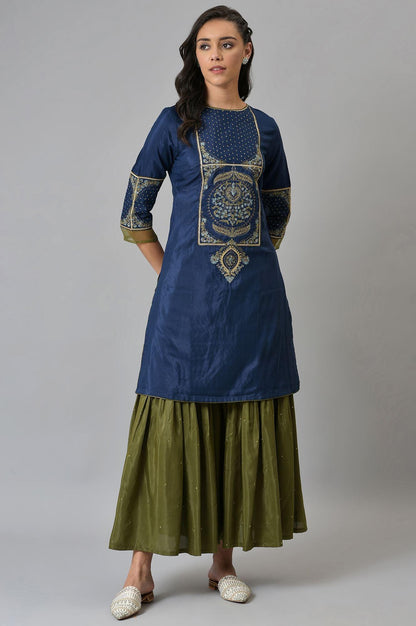 Royal Blue Embroidered kurta With Olive Green Sharara And Dupatta - wforwoman