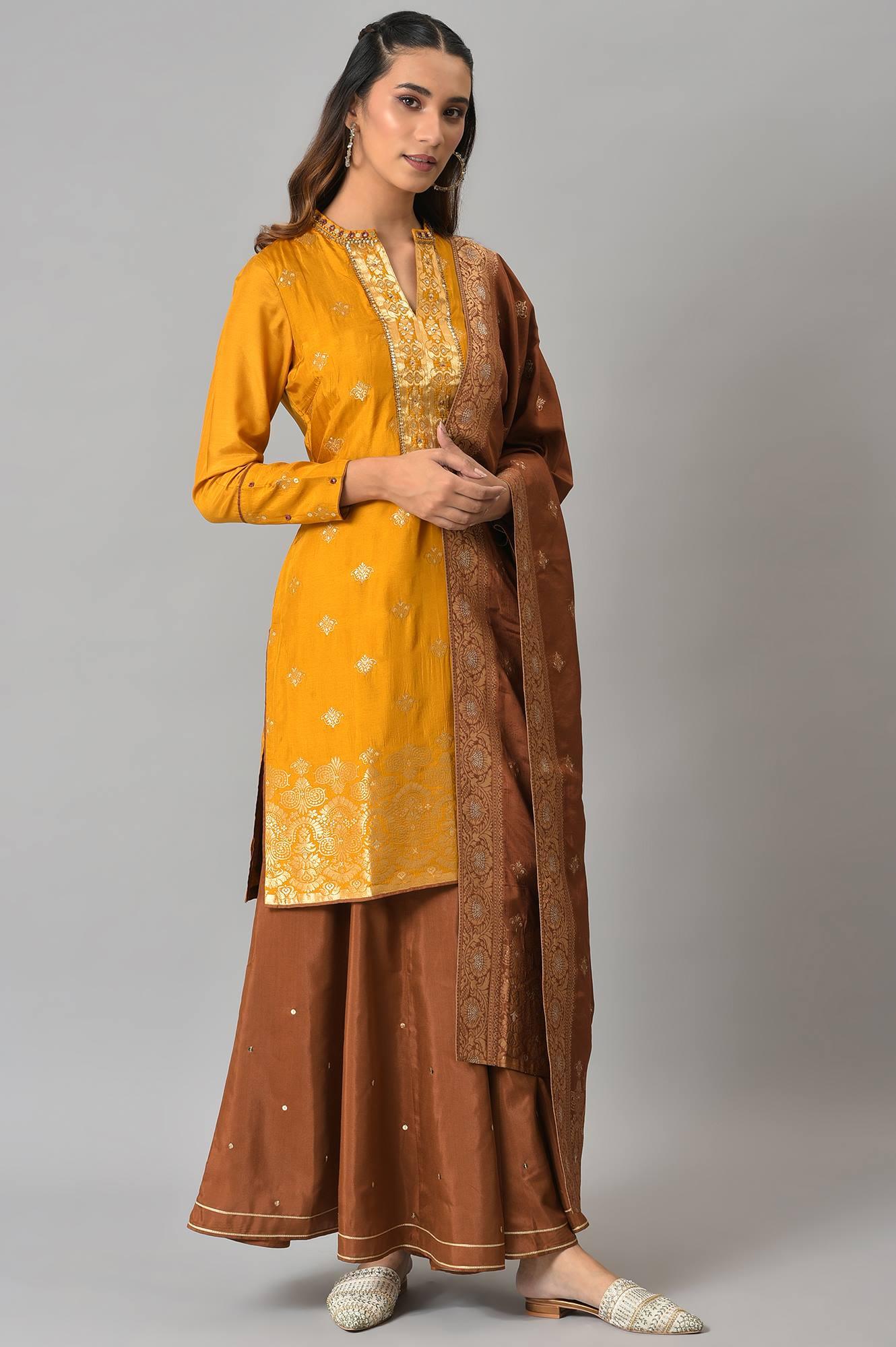 Mustard Embroidered kurta In Round Neck With Sharara And Dupatta Set - wforwoman