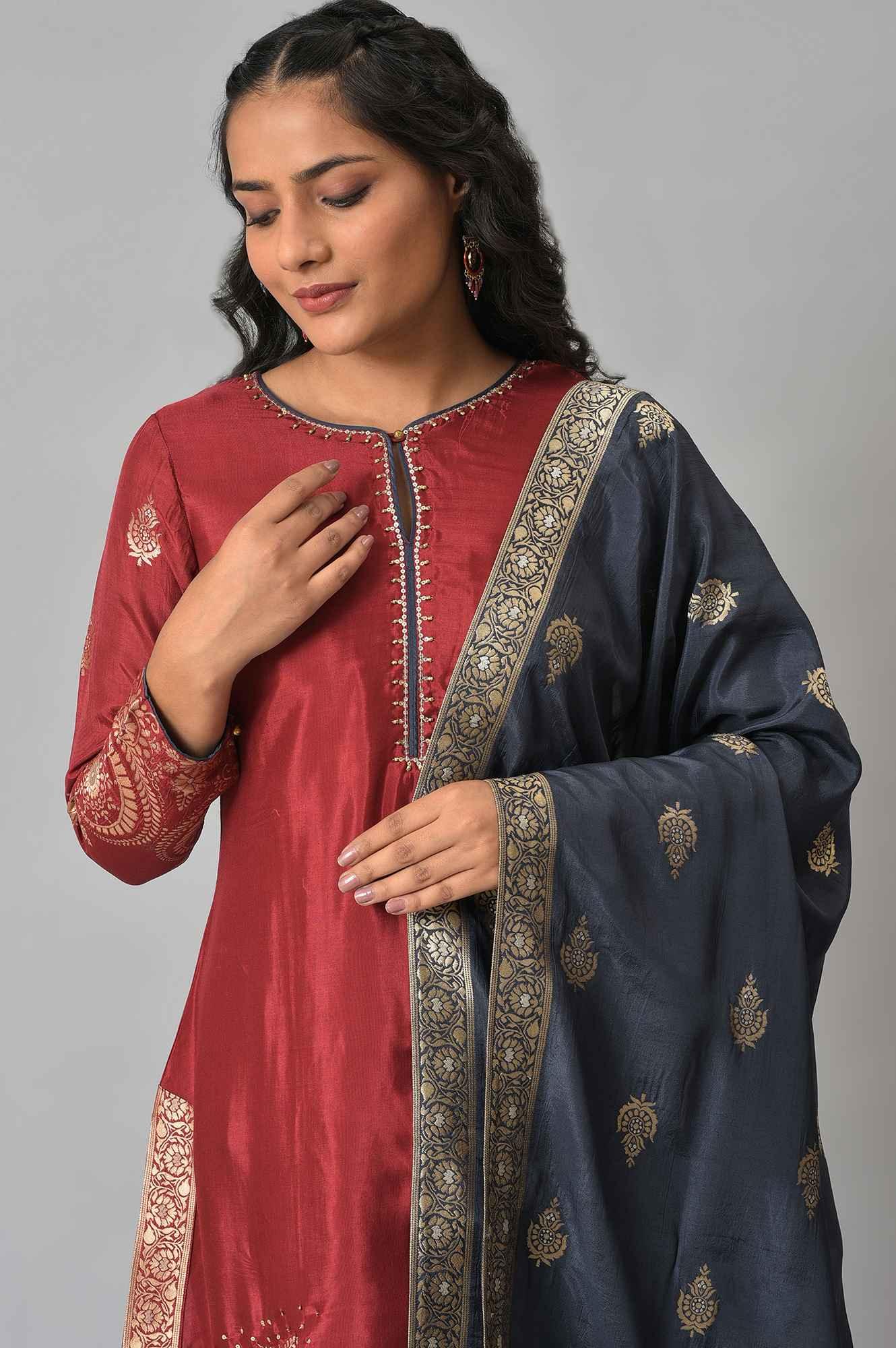 Red Embroidered kurta With Blue Salwar Pants And Dupatta - wforwoman