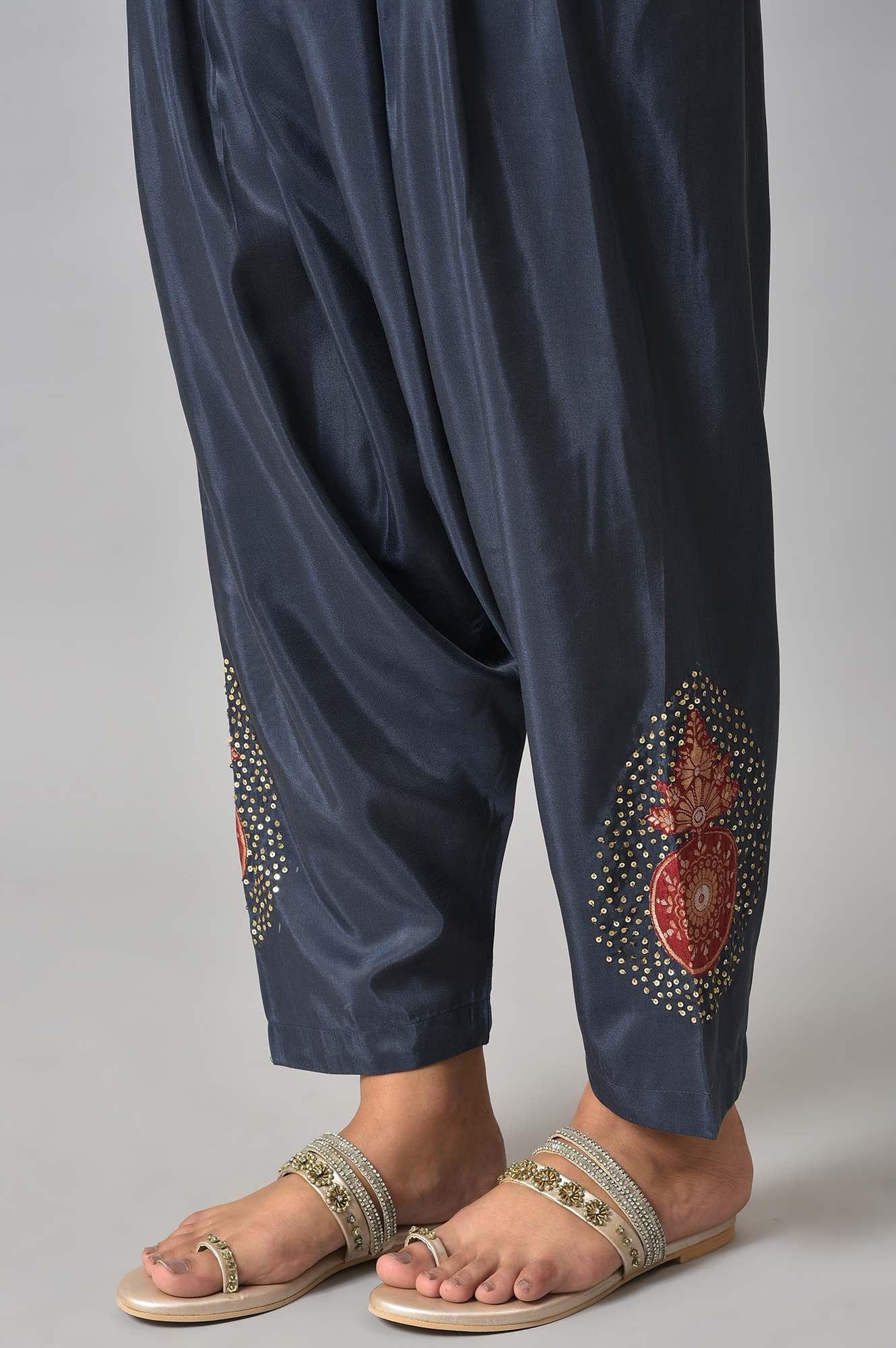 Red Embroidered kurta With Blue Salwar Pants And Dupatta - wforwoman