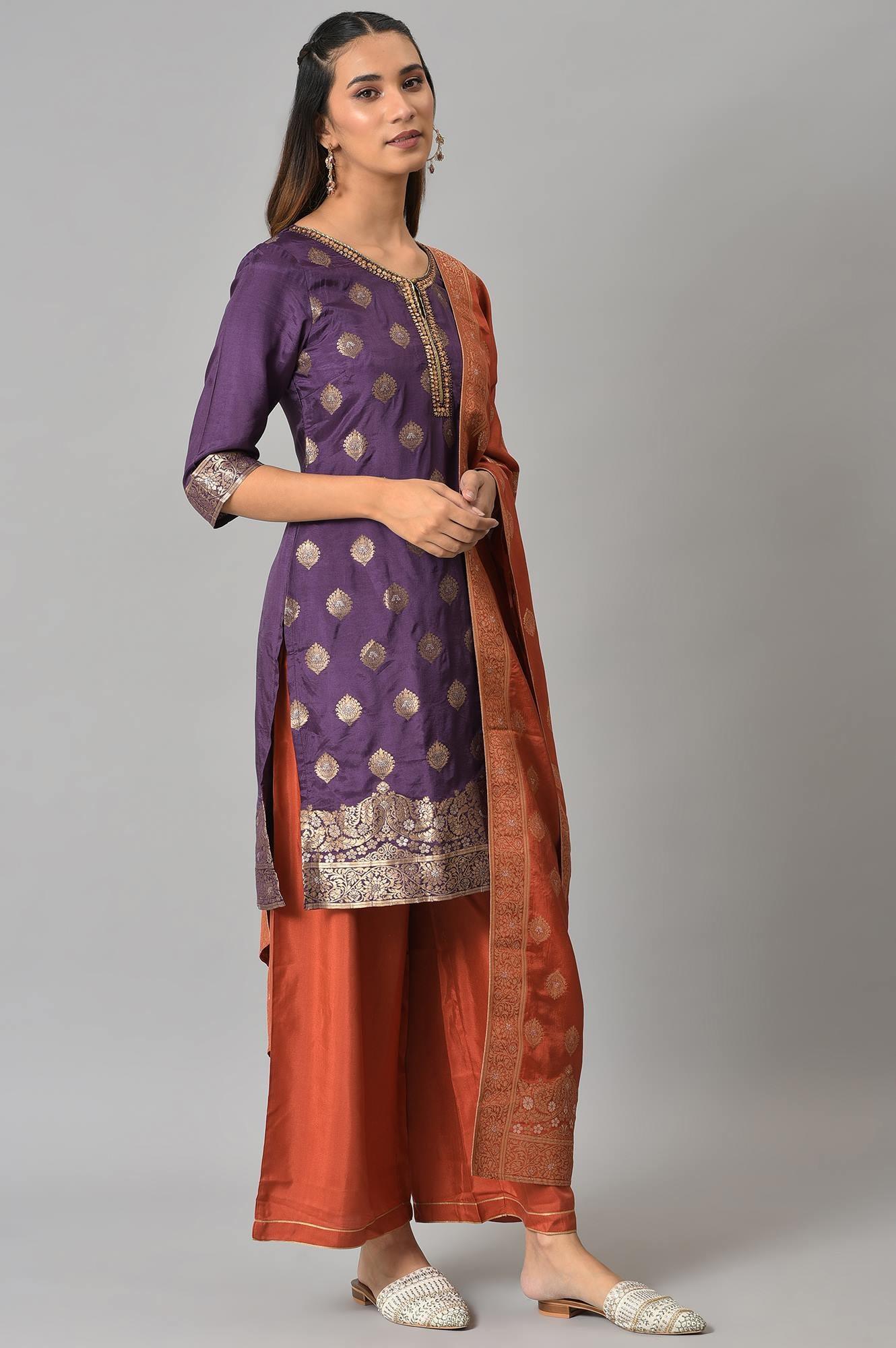 Purple Floral Print kurta With Orange Parallel Pants And Dupatta - wforwoman