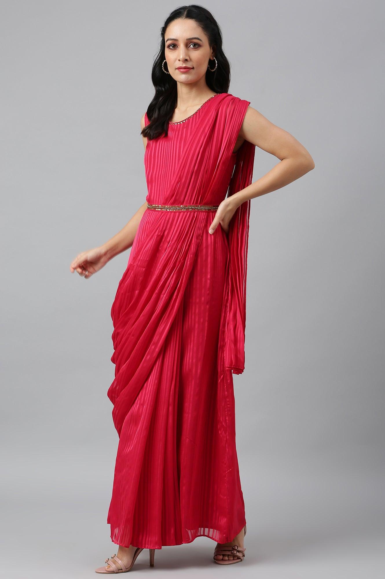 Coral Red Sleeveless Predrape Saree Dress With Belt And Tailored Jacket Set - wforwoman
