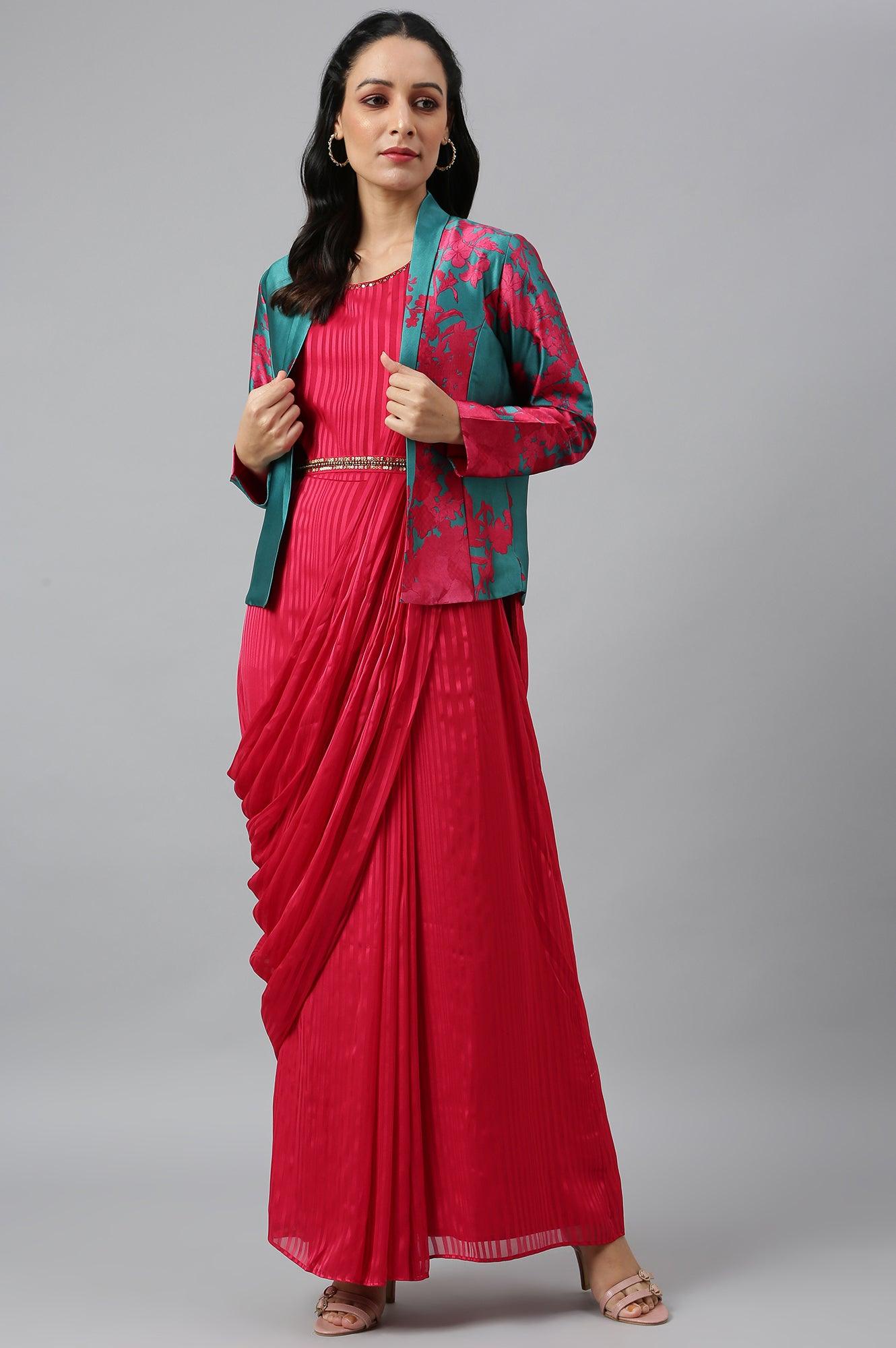 Coral Red Sleeveless Predrape Saree Dress With Belt And Tailored Jacket Set - wforwoman