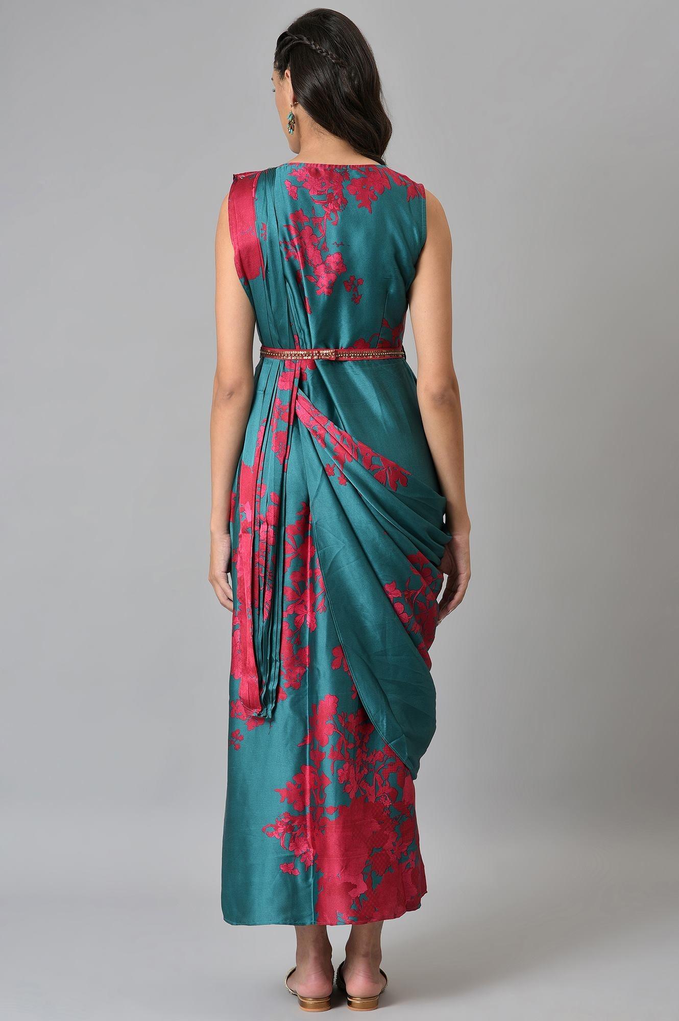 Green And Red Sleeveless Predrape Saree Dress With Belt And Tailored Jacket - wforwoman