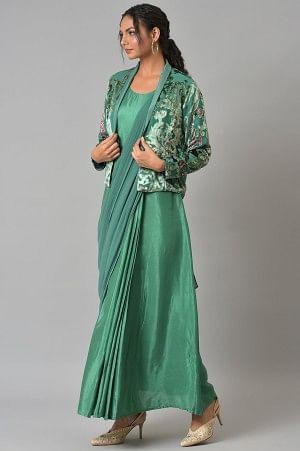 Green Festive Saree Draped kurta With Short Jacket - wforwoman