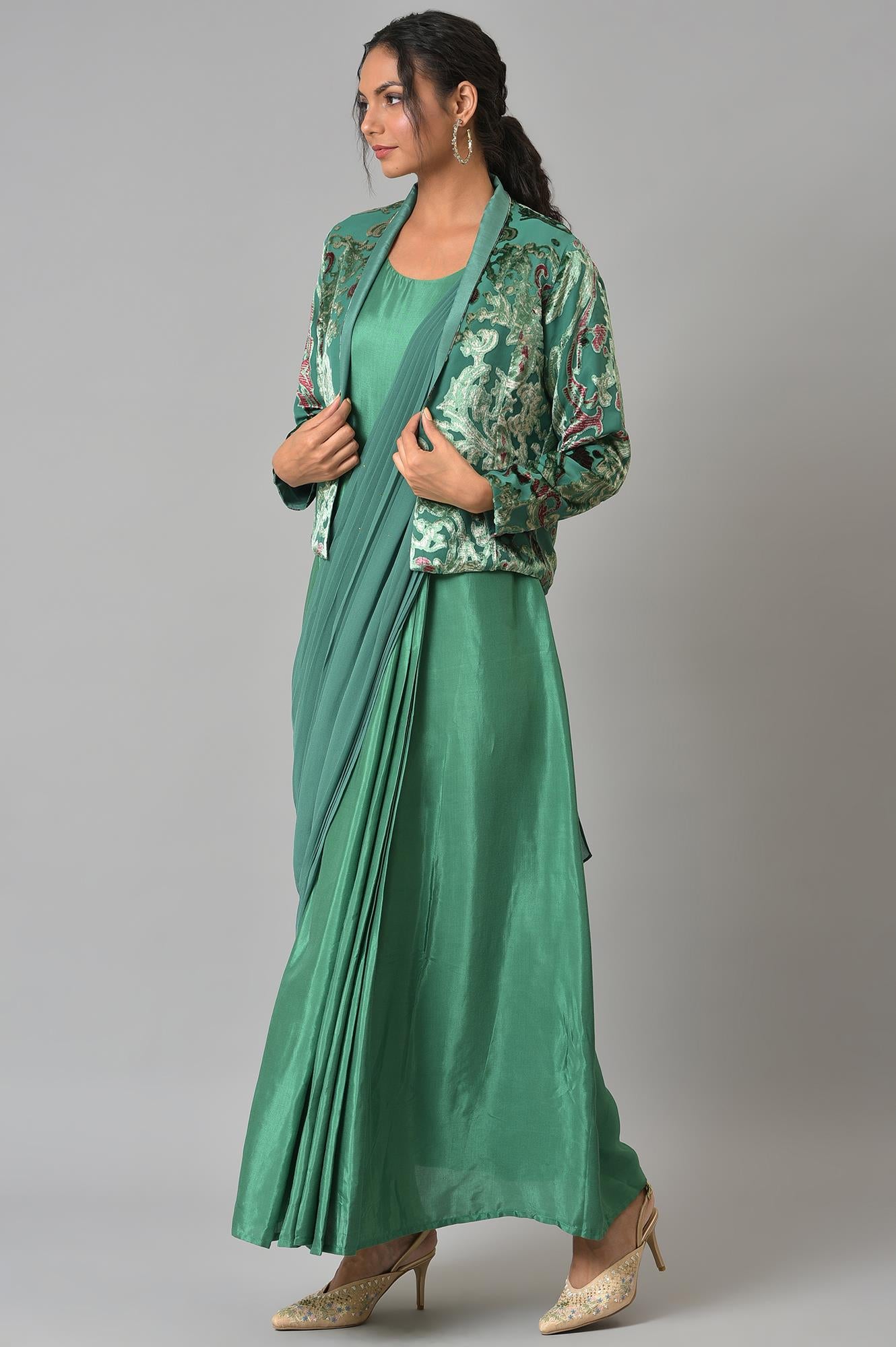 Green Festive Saree Draped kurta With Short Jacket