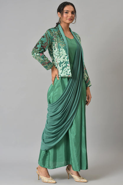 Green Festive Saree Draped kurta With Short Jacket