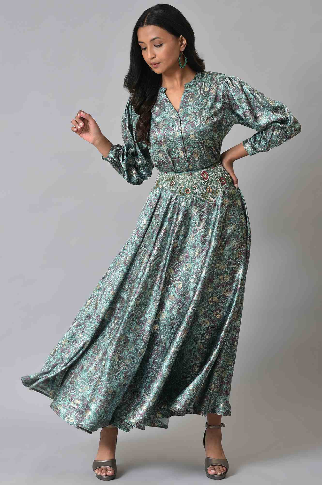 Dark Green Floral Printed Top And Skirt Co-Ord Set
