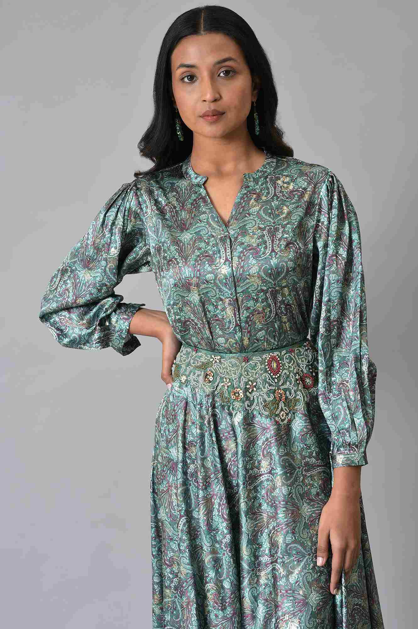 Dark Green Floral Printed Top And Skirt Co-Ord Set