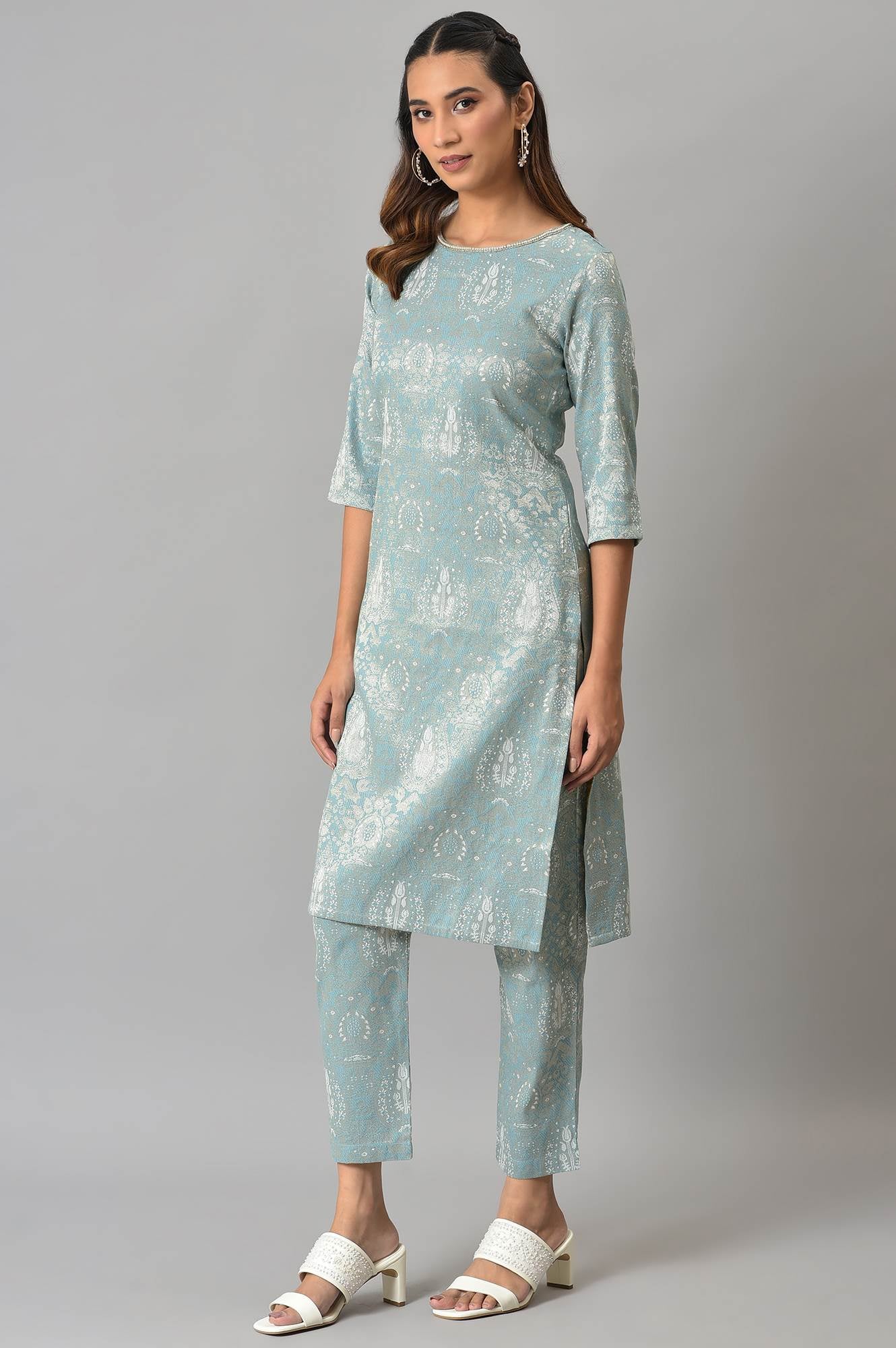 Light Blue Jacquard kurta And Pants Co-Ord Set