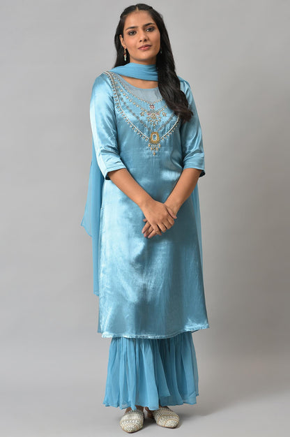 Blue Embellished Mashroo Silk kurta With Garara And Dupatta