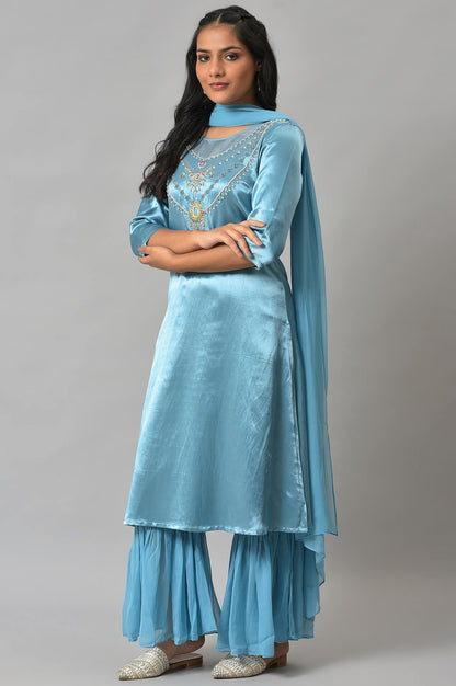 Blue Embellished Mashroo Silk kurta With Garara And Dupatta