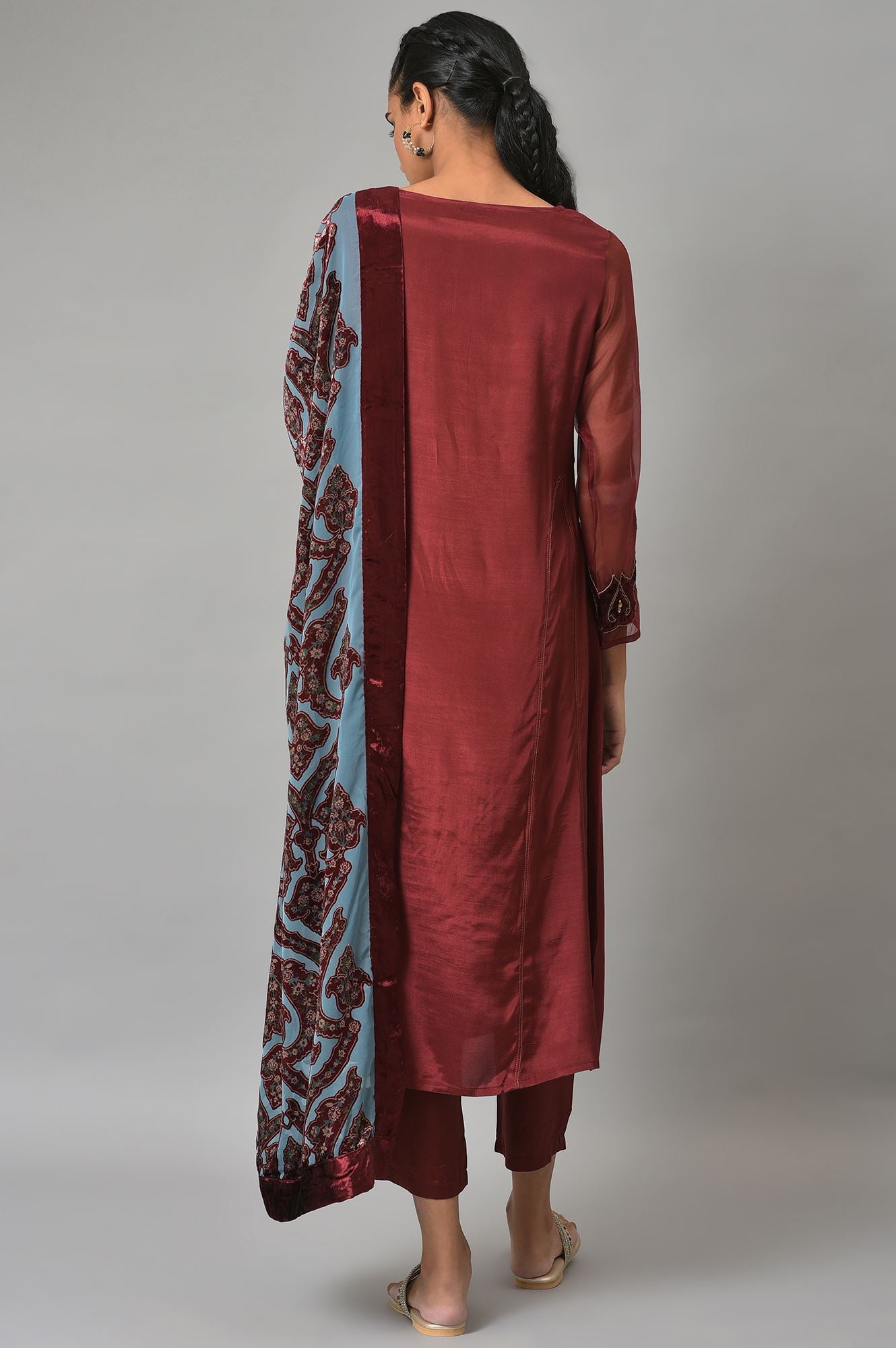 Dark Red Embroidered kurta, Pants And Organza Dupatta