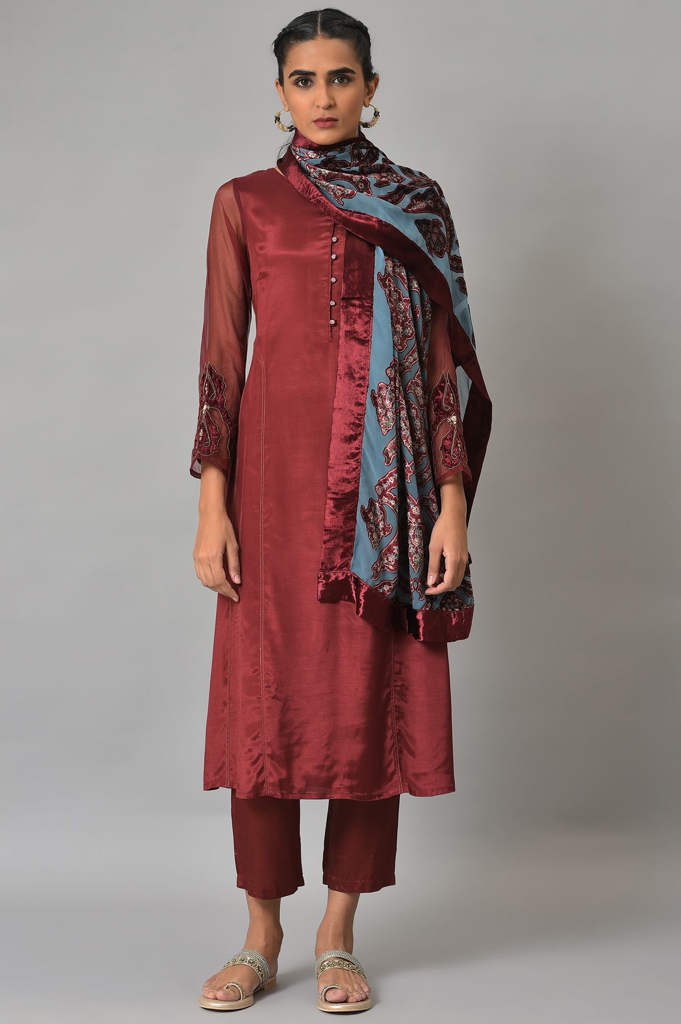 Dark Red Embroidered kurta, Pants And Organza Dupatta