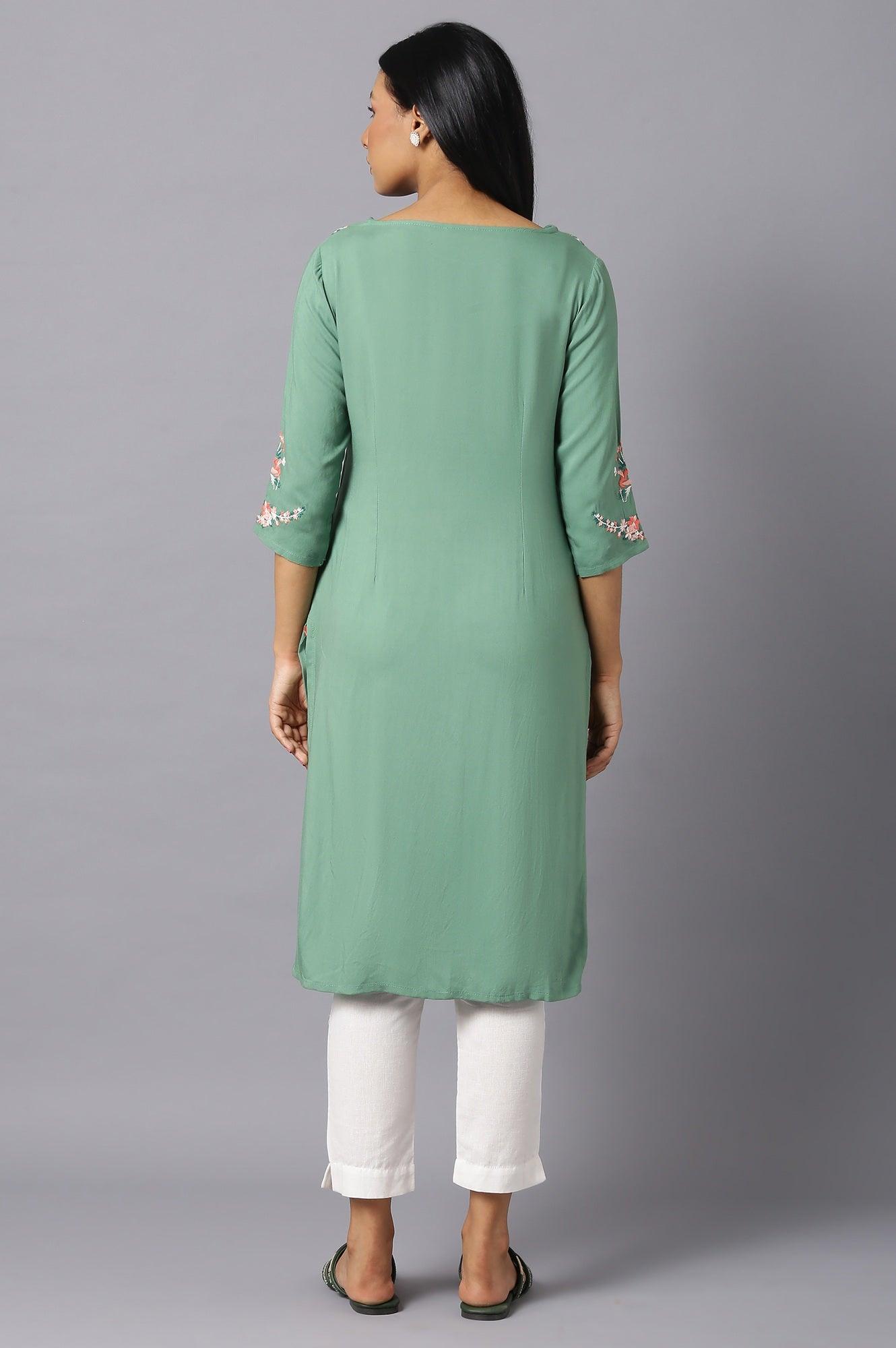 Green Rayon kurta With Multicolour Embroidery - wforwoman