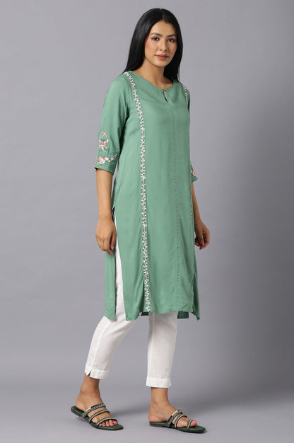 Green Rayon kurta With Multicolour Embroidery - wforwoman