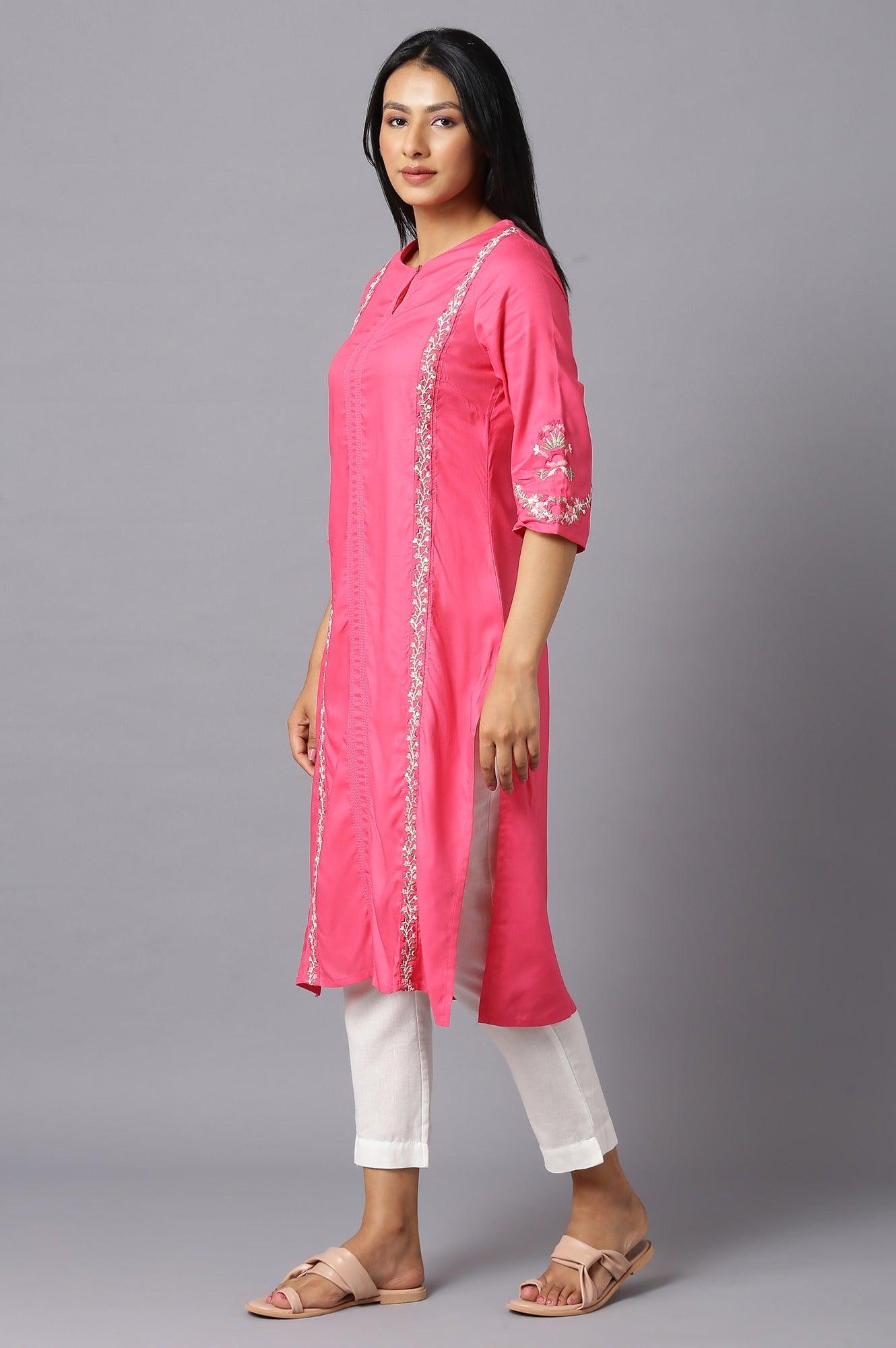Dark Pink Rayon kurta With Multicolour Embroidery - wforwoman