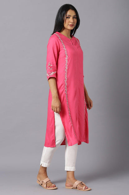 Dark Pink Rayon kurta With Multicolour Embroidery - wforwoman