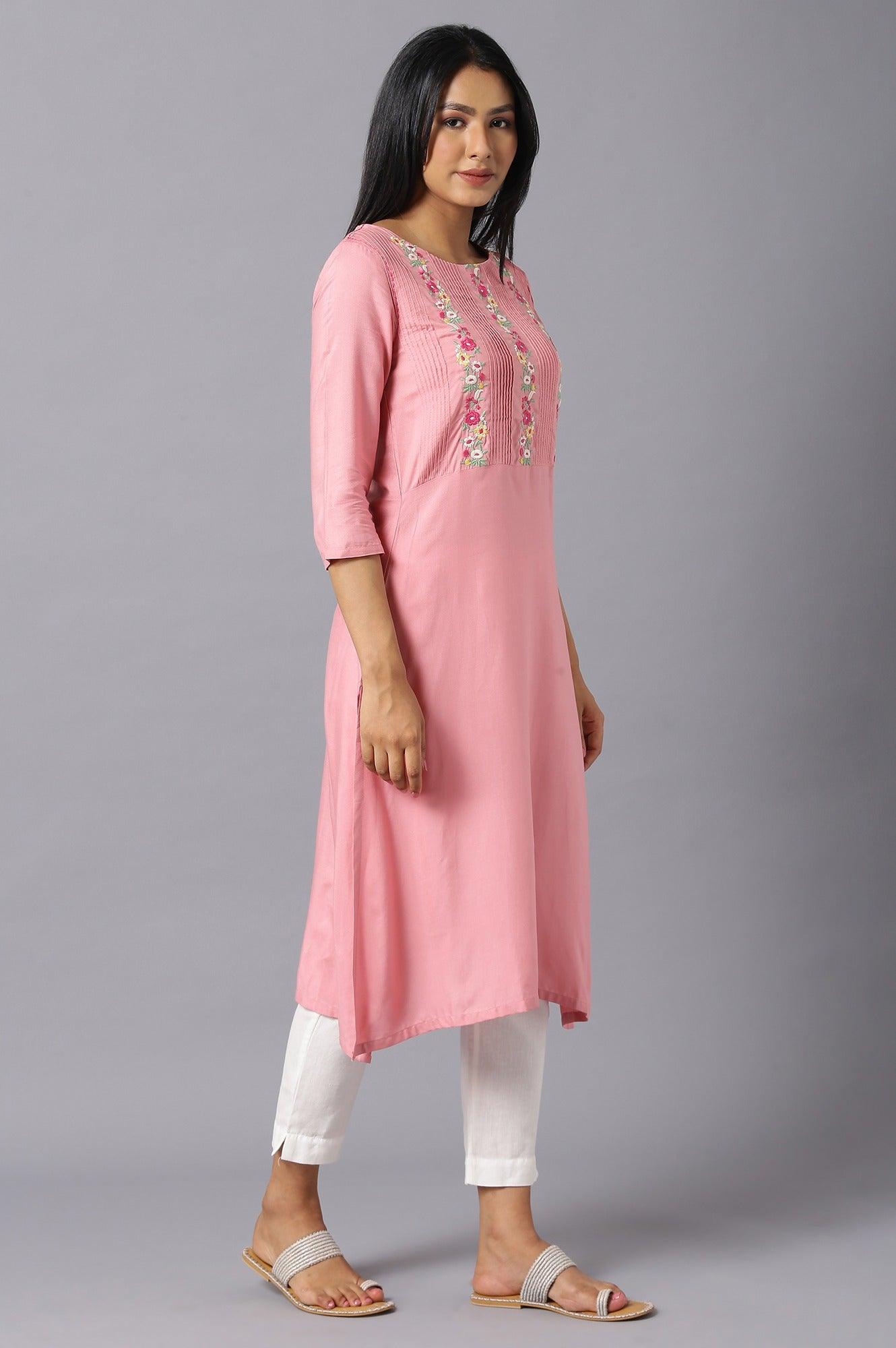 Pink Embroidered kurta With Lace Trimming - wforwoman