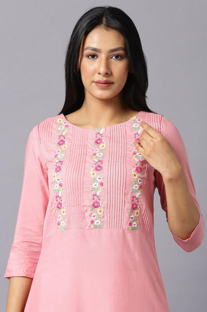 Pink Embroidered kurta With Lace Trimming - wforwoman