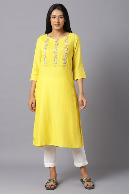 Yellow Embroidered Kurta with Lace Trimming - wforwoman