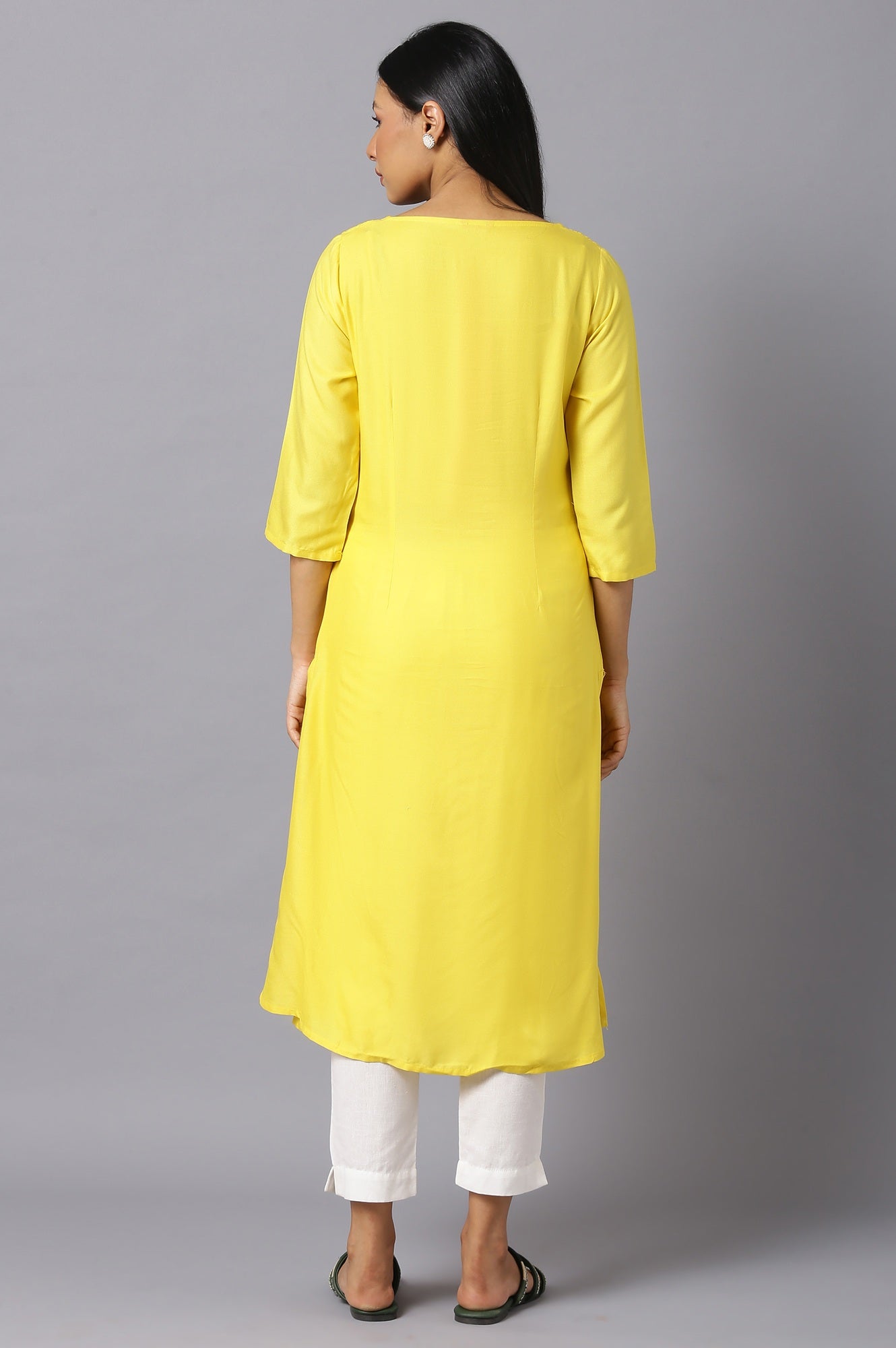 Yellow Embroidered Kurta with Lace Trimming - wforwoman