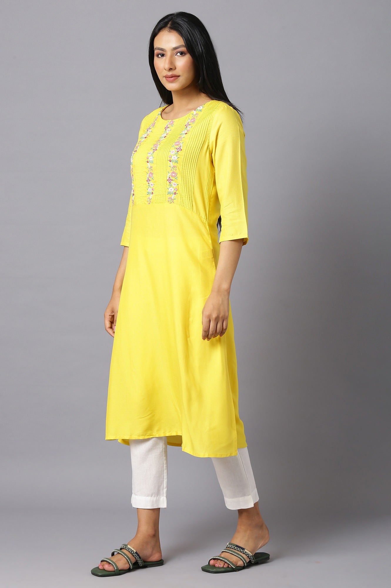 Yellow Embroidered Kurta with Lace Trimming - wforwoman