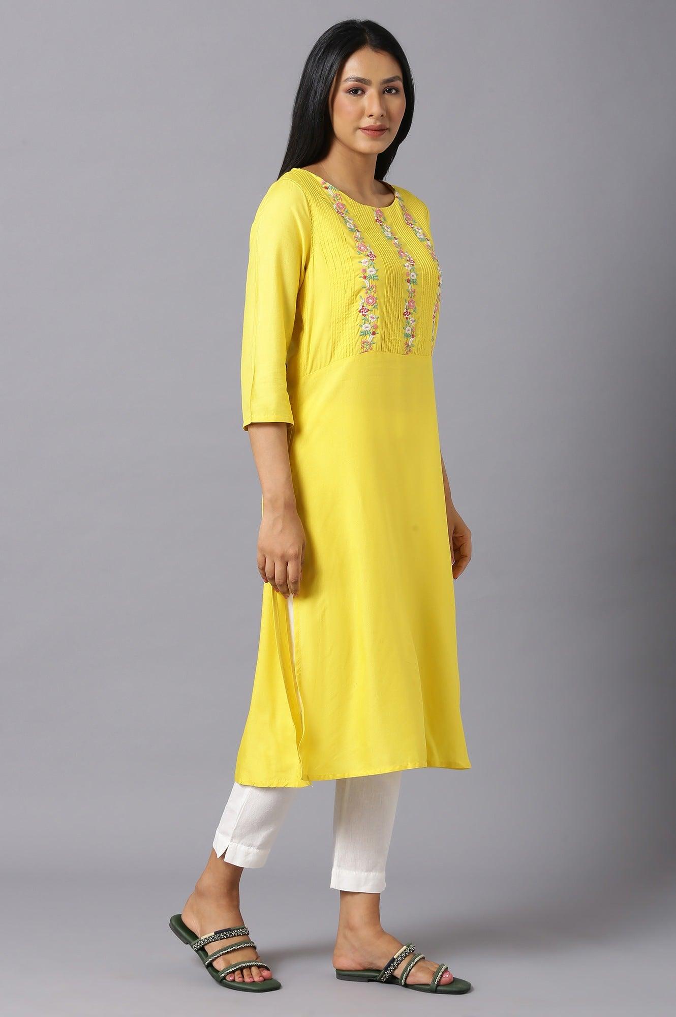 Yellow Embroidered kurta With Lace Trimming - wforwoman