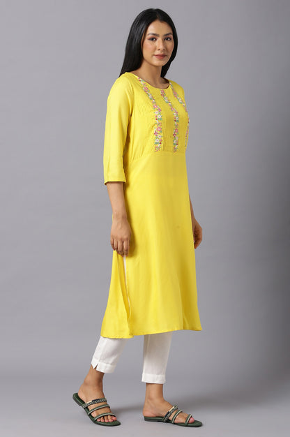 Yellow Embroidered Kurta with Lace Trimming - wforwoman