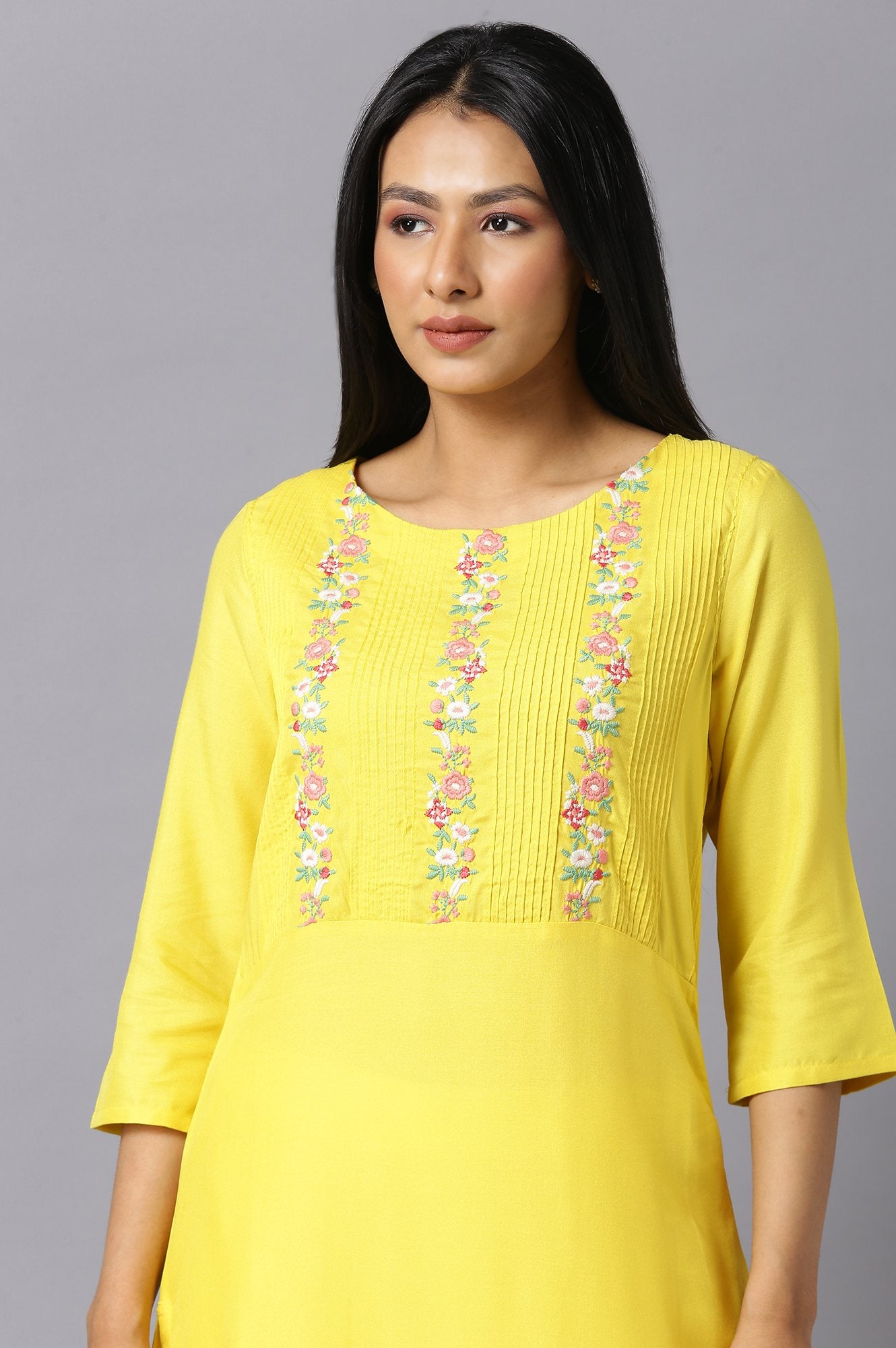 Yellow Embroidered Kurta with Lace Trimming - wforwoman