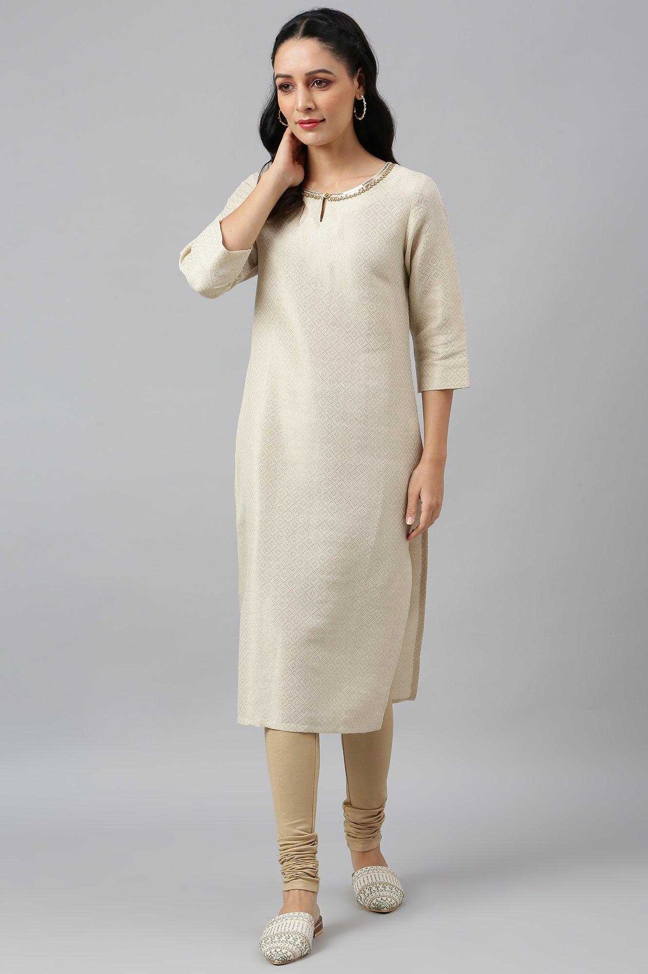 Ecru Geometric Print Dobby kurta - wforwoman