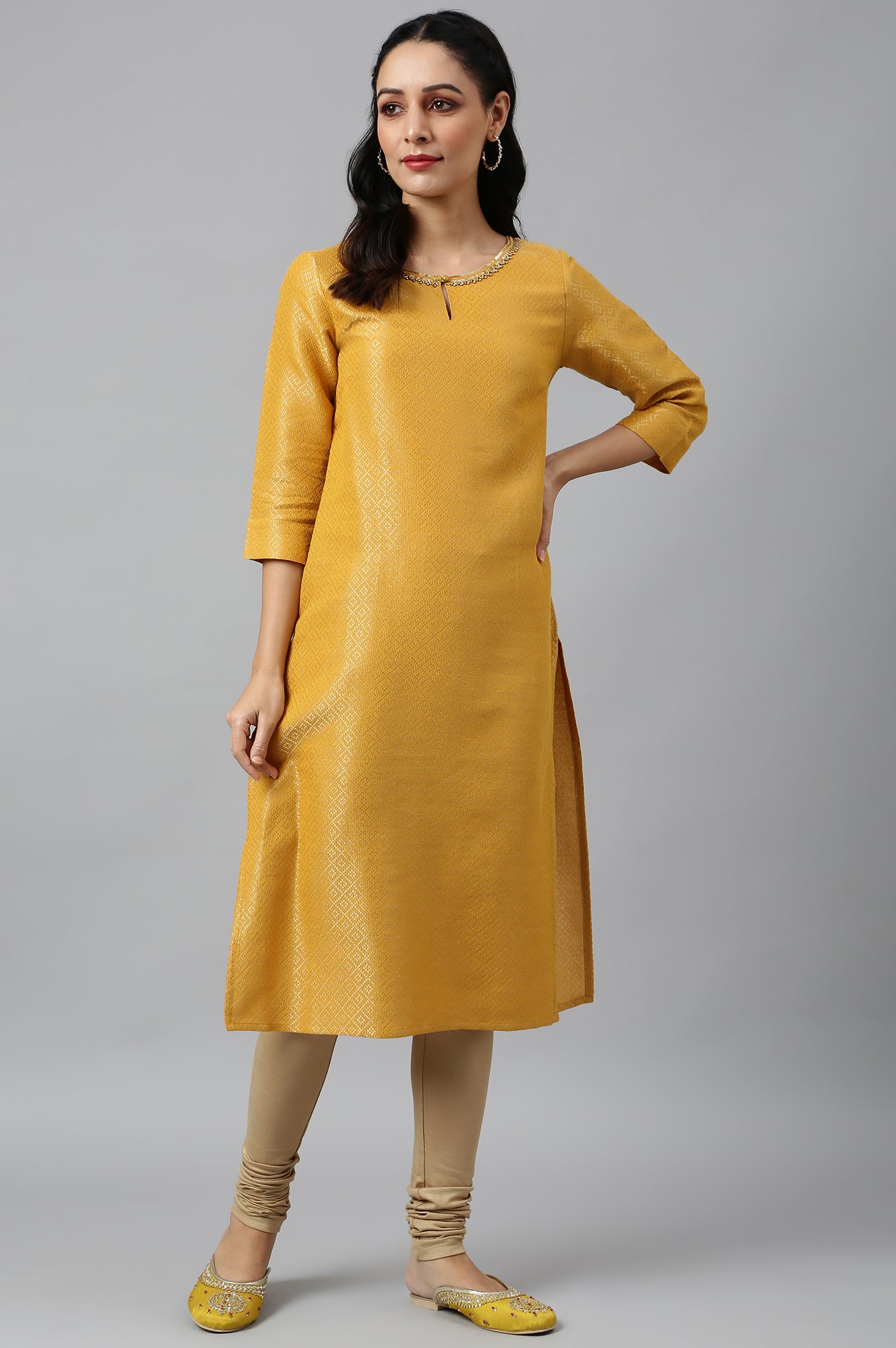 Yellow Geometric Print Dobby kurta