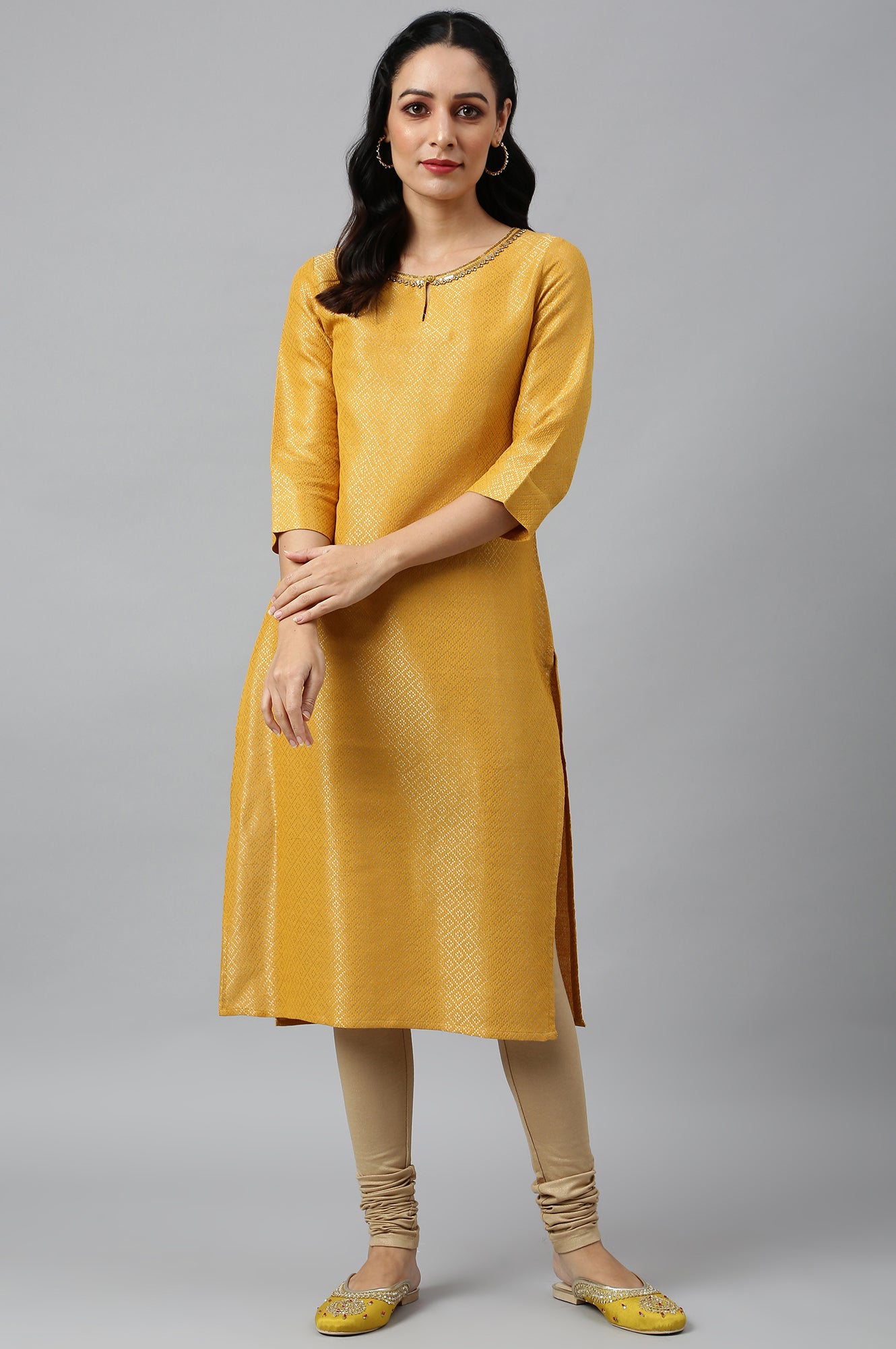 Yellow Geometric Print Dobby kurta