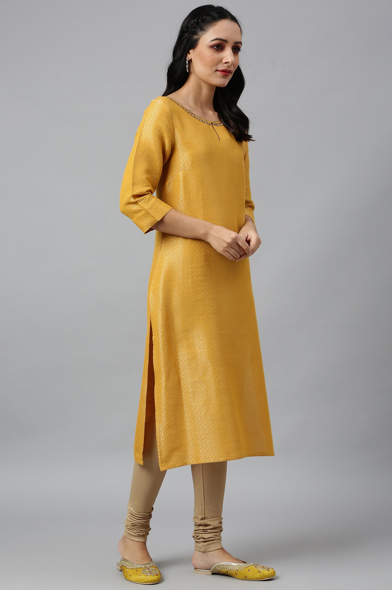 Yellow Geometric Print Dobby kurta