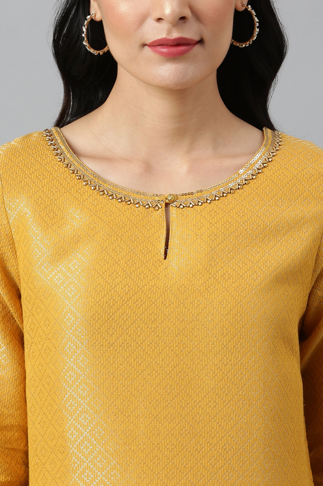 Yellow Geometric Print Dobby kurta