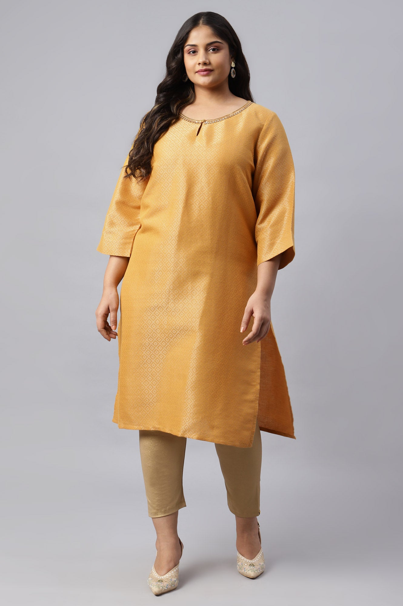 Yellow Geometric Print Dobby Plus Size kurta