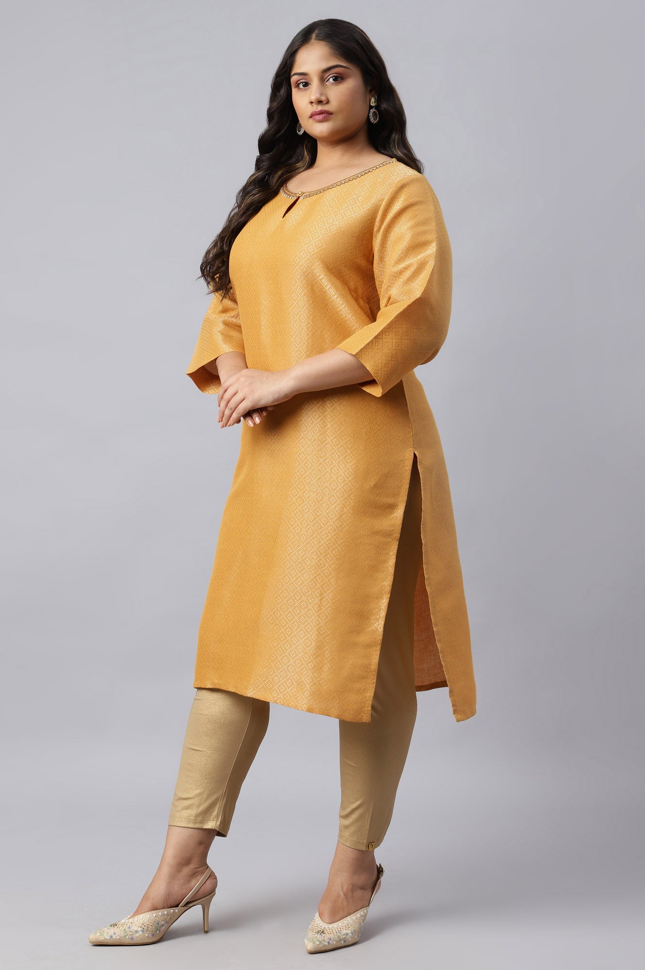 Yellow Geometric Print Dobby Plus Size kurta