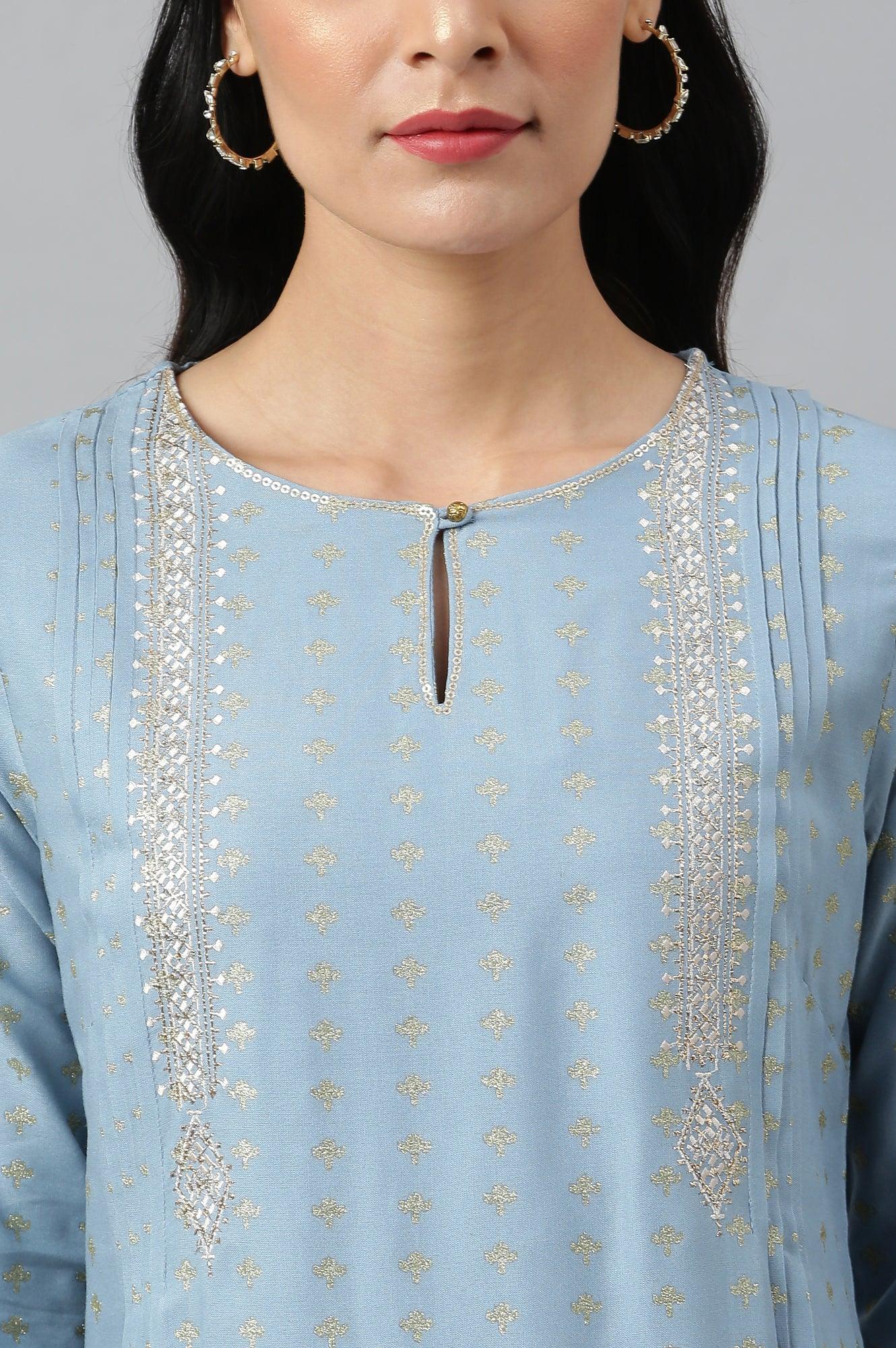 Sky Blue Glitter Printed kurta With Metallic Embroidery - wforwoman