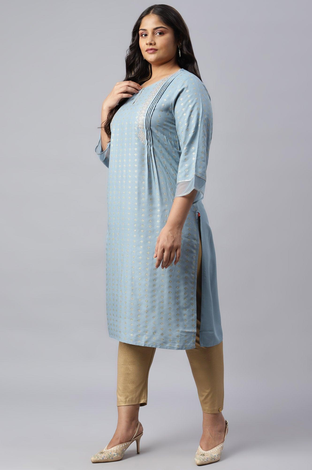 Sky Blue Glitter Printed Plus Size kurta With Metallic Embroidery - wforwoman