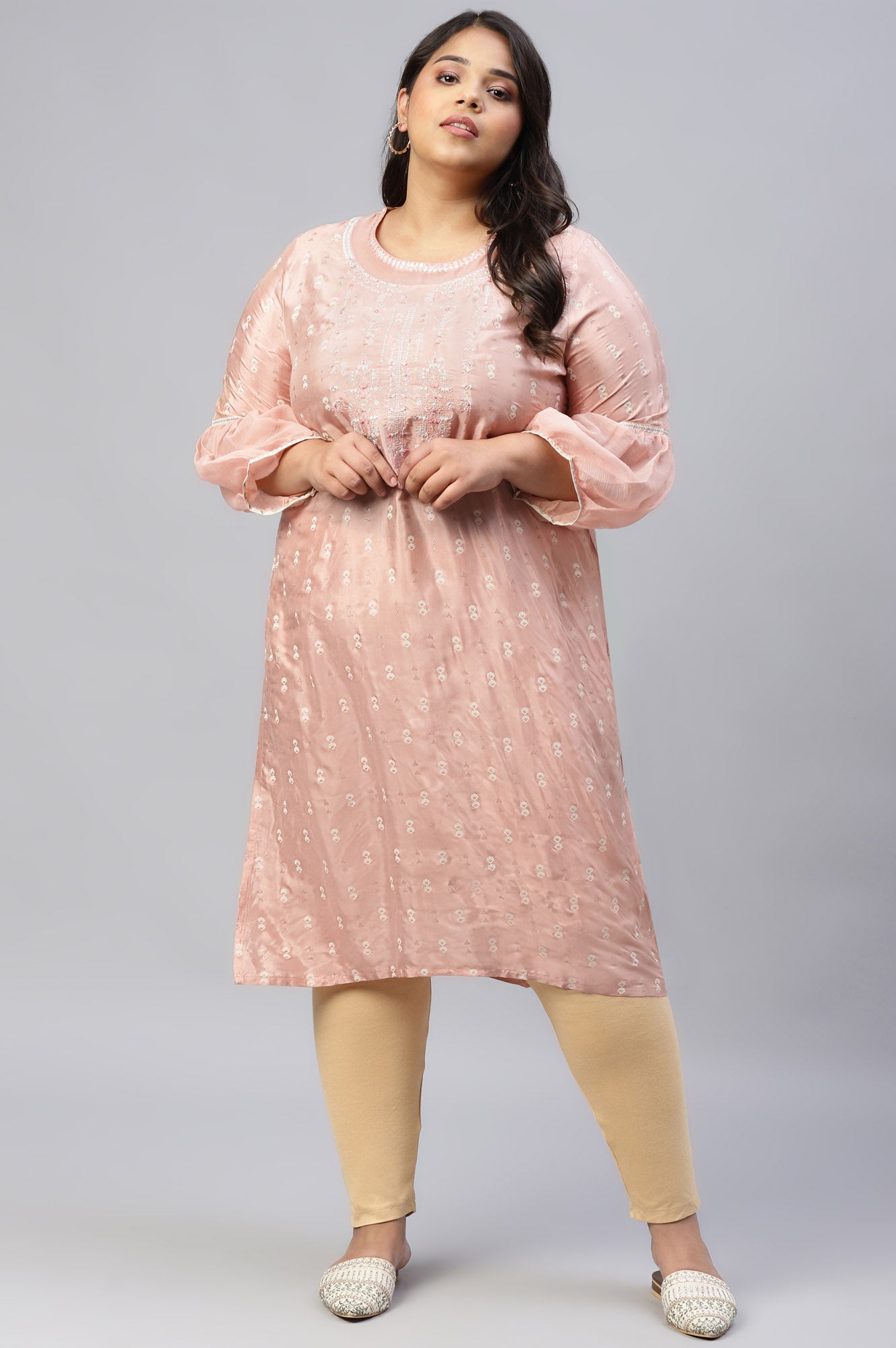 Peach Shantung Plus Size kurta With Embroidery