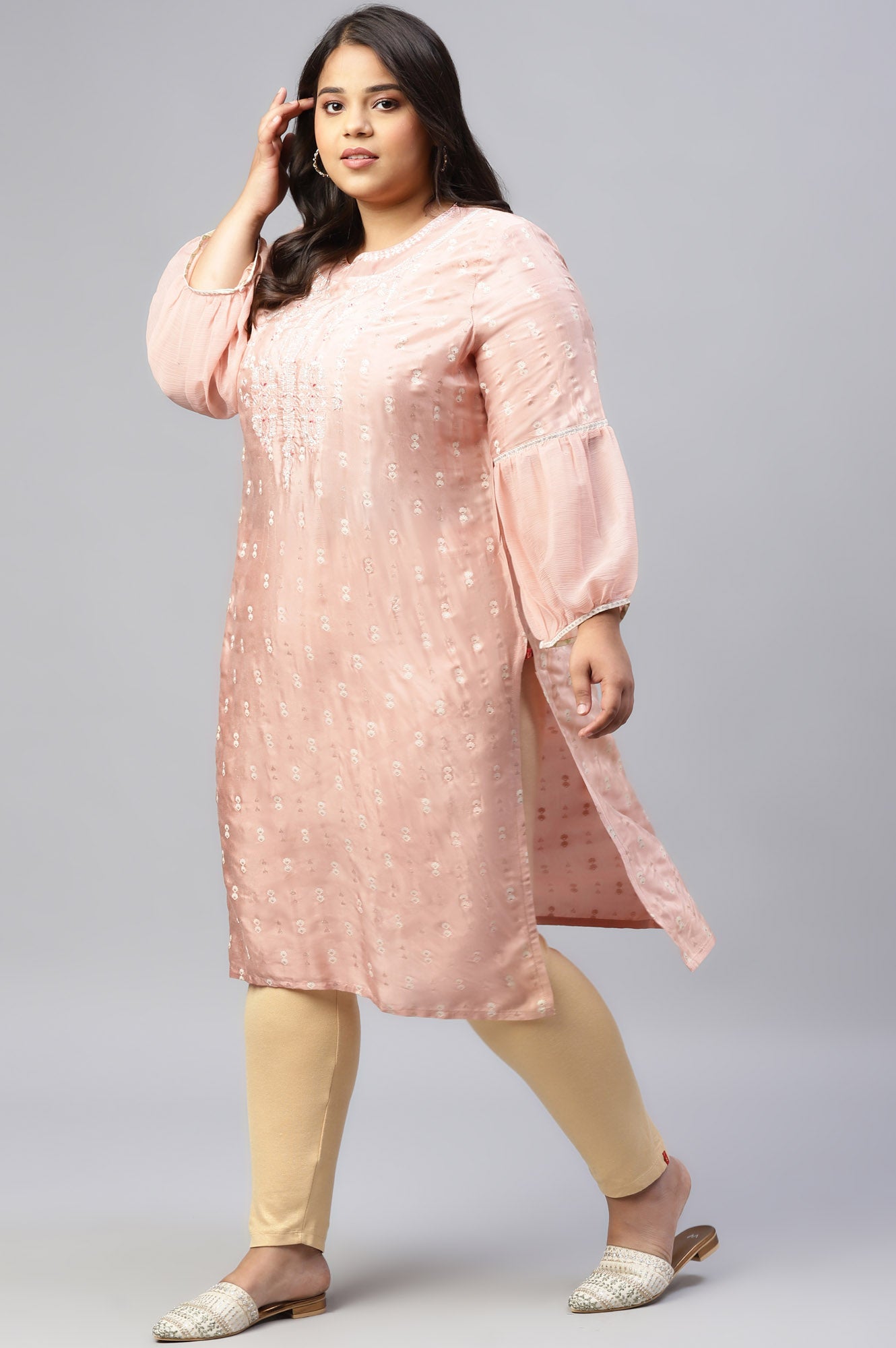 Peach Shantung Plus Size kurta With Embroidery