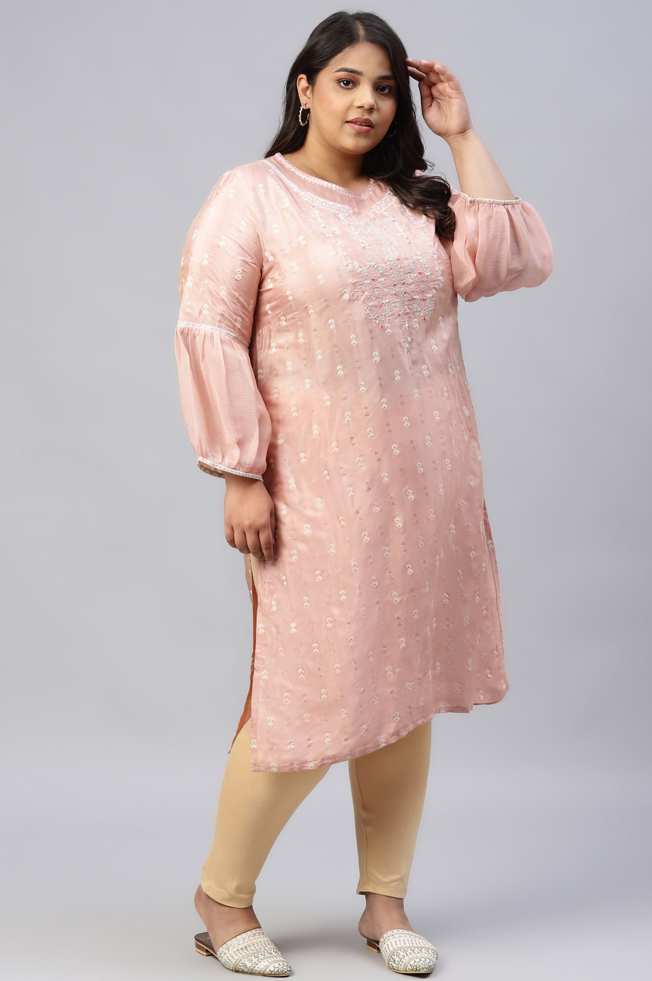 Peach Shantung Plus Size kurta With Embroidery