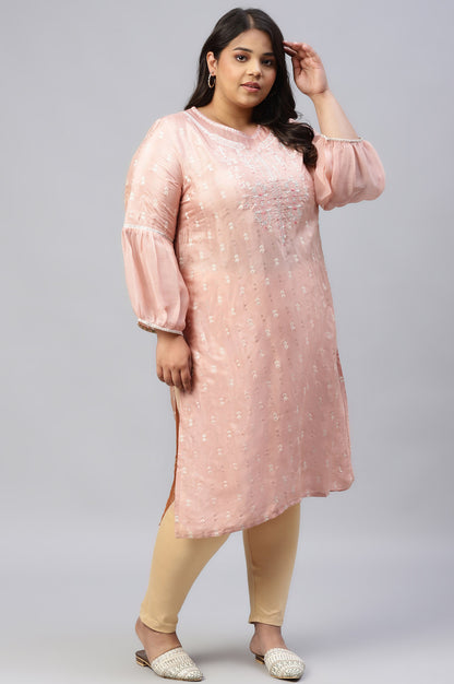 Peach Shantung Plus Size kurta With Embroidery