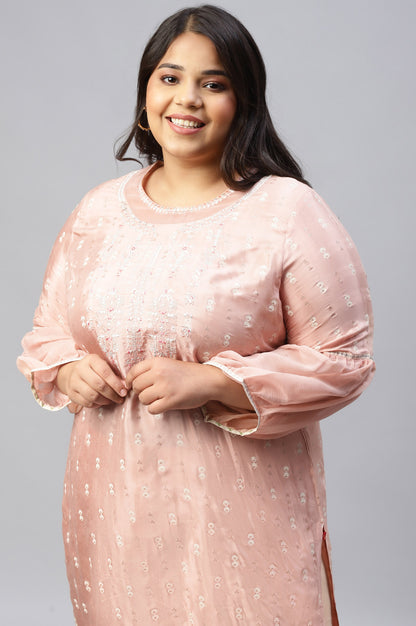 Peach Shantung Plus Size kurta With Embroidery