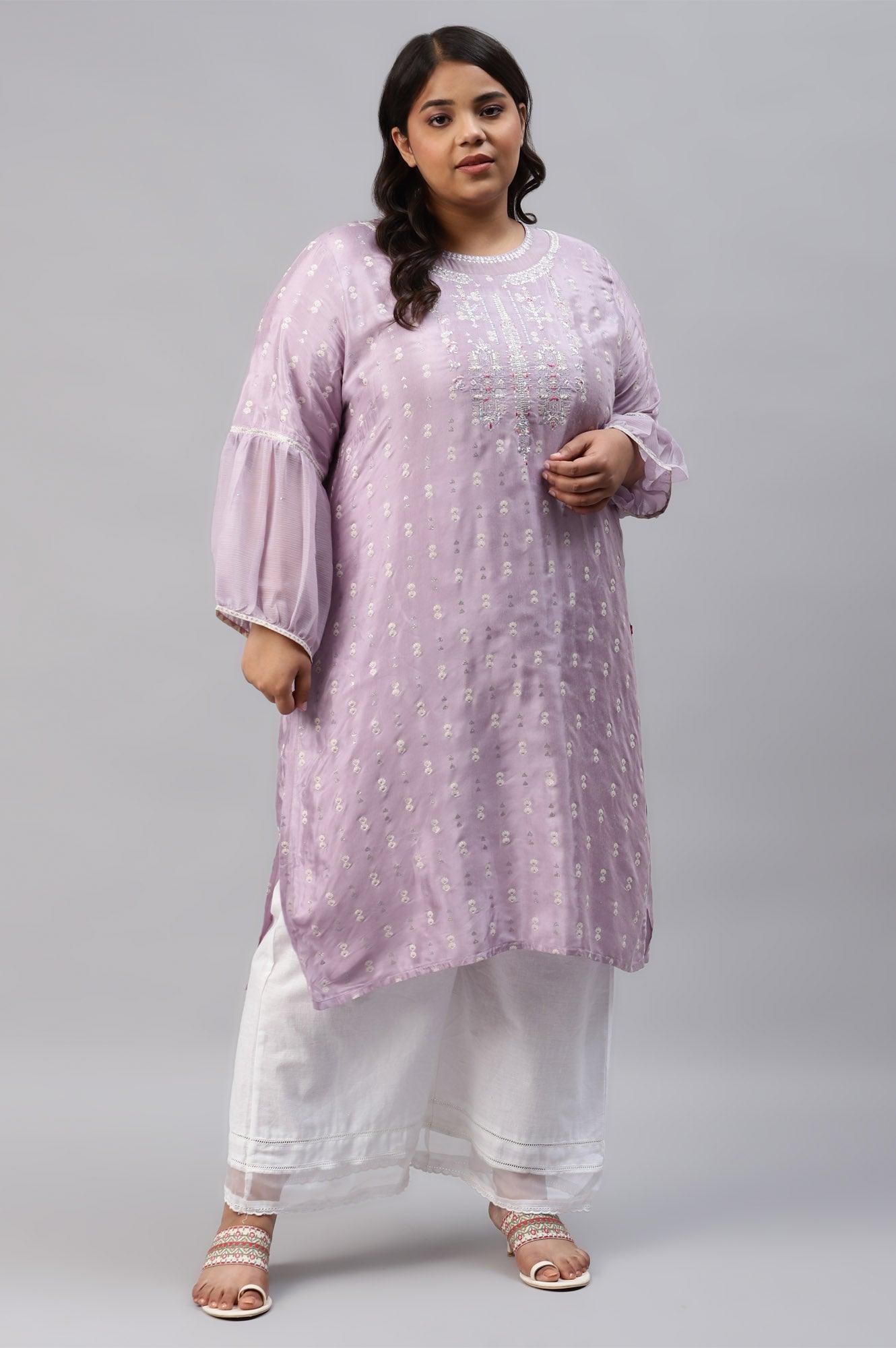 Lavender Shantung Plus Size kurta With Embroidery - wforwoman