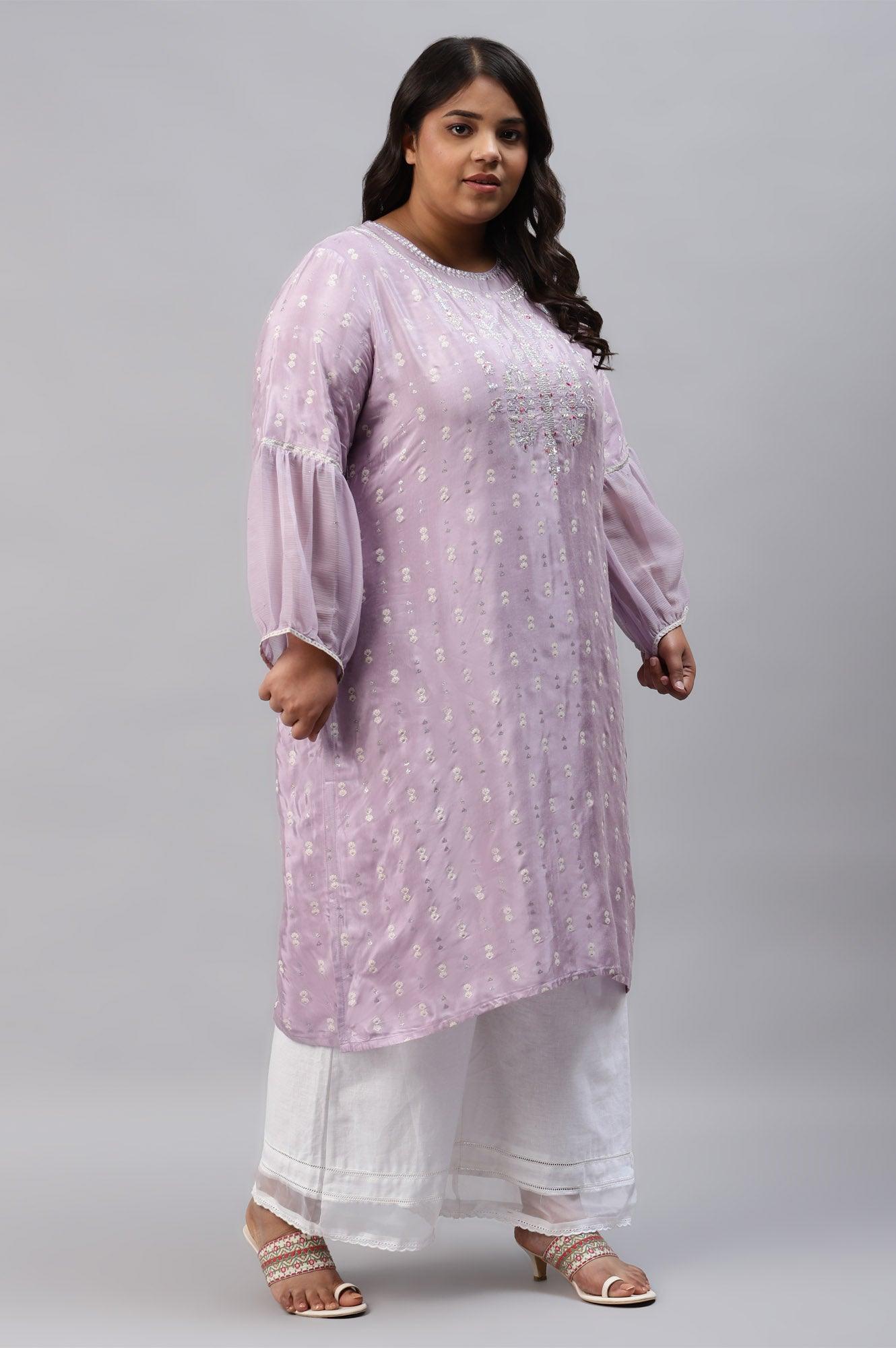 Lavender Shantung Plus Size kurta With Embroidery - wforwoman