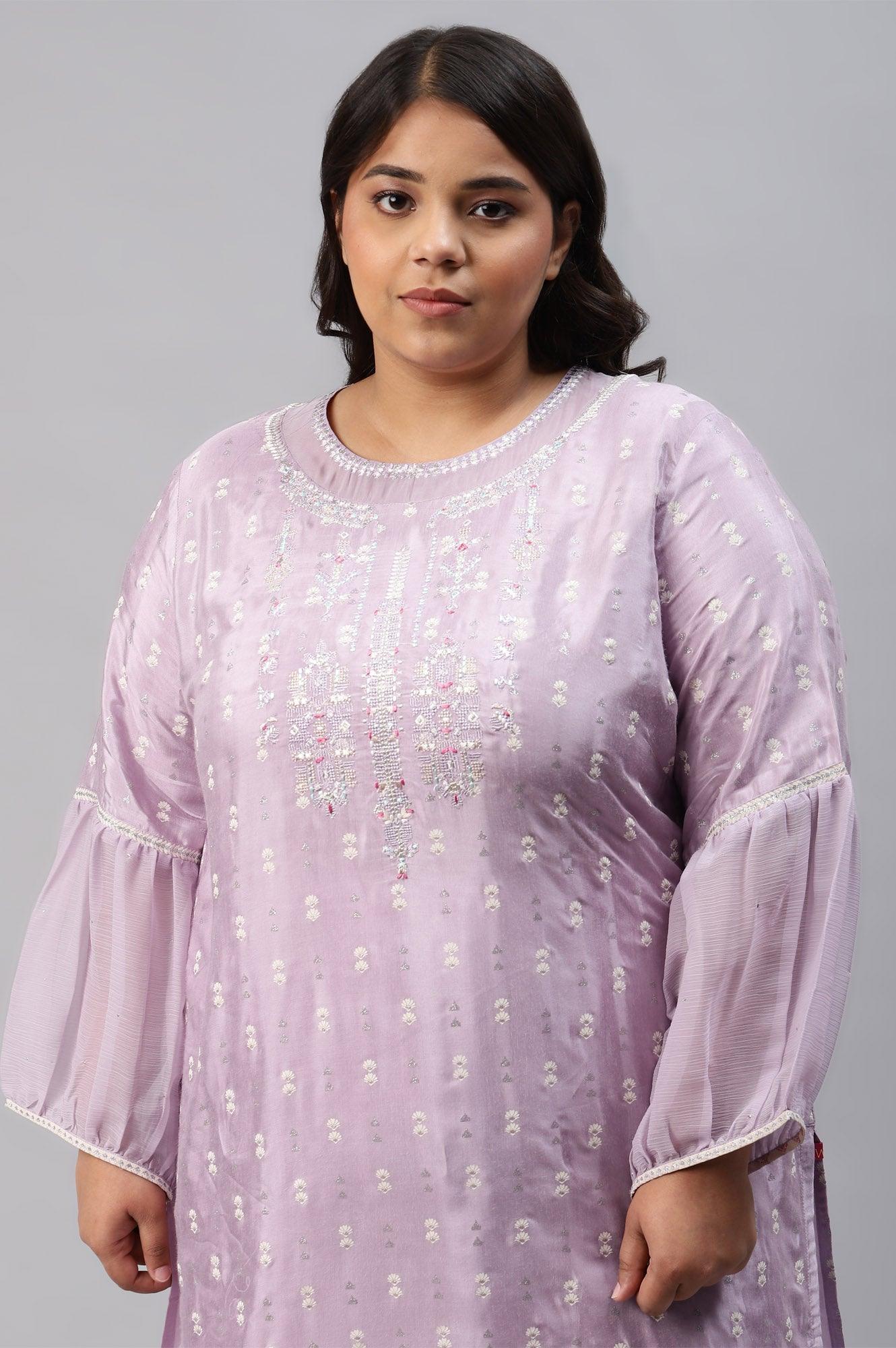 Lavender Shantung Plus Size kurta With Embroidery - wforwoman