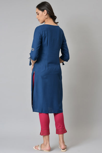 Blue Dobby Printed kurta In Round Neck